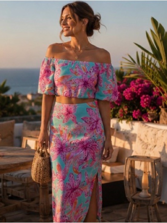 Lilly Pulitzer Dresses & Skirts - Lilly Pulitzer Esmeray Crop Top & Midi Skirt Set Surf Blue Bonita Blooms Resort